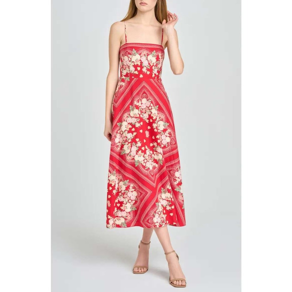 NWT WAYF Women's Josefina Midi Dress Floral Scarf Print Red M Linen Resort Boho